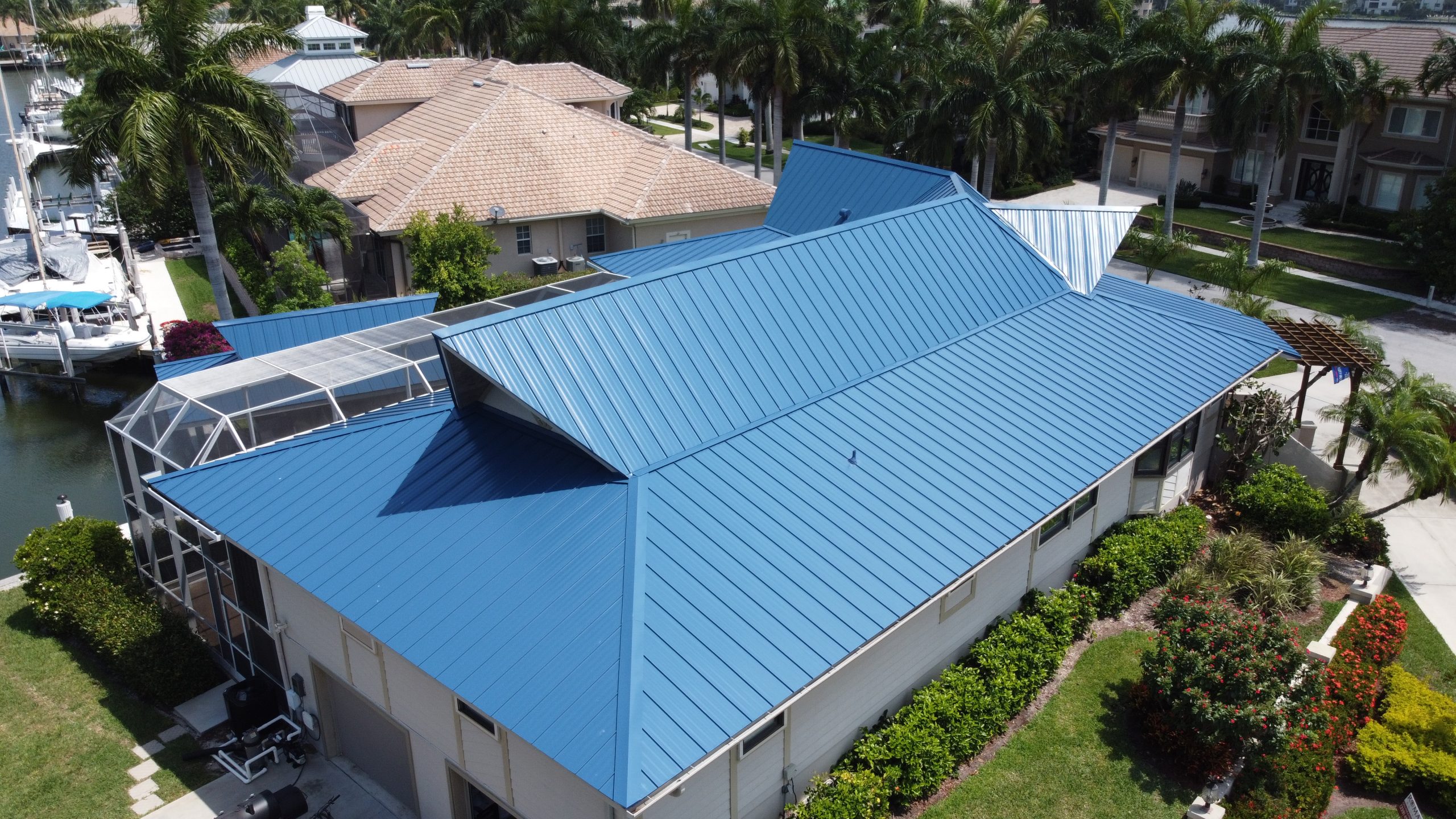 Blue standing seam metal roof finish example, Florida